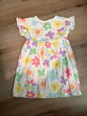 Kids Floral & Sun Print Short Sleeve Dress - White Multicolor
